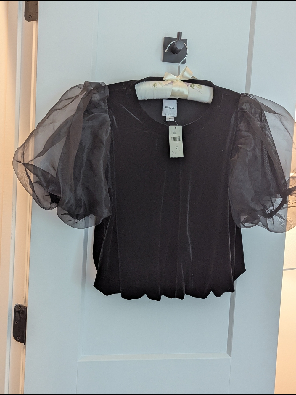 Maeve Black Organza Puff-Sleeve Blouse